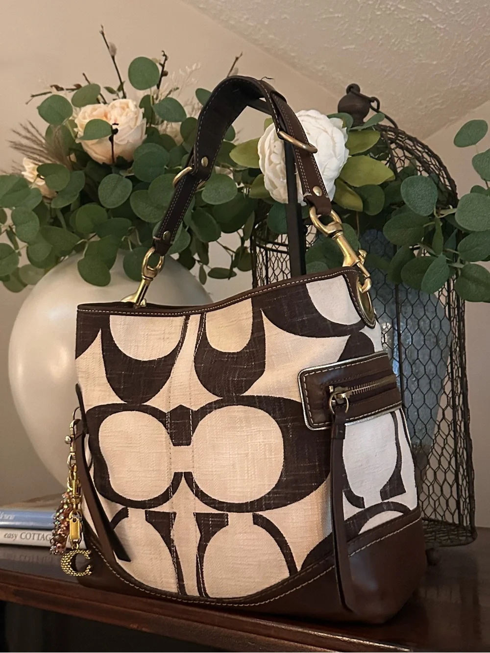 VINTAGE Y2K Coach Carly Hobo Bag – Rare Giant C Brown & Cream Linen #7473